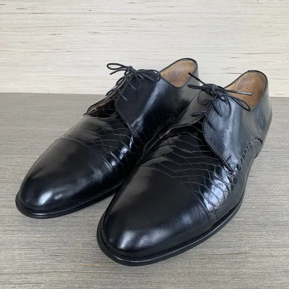 Johnston &amp; Murphy Men's 12 Cellini Black Croc Cap Toe Lace Up Oxford Dress Shoes