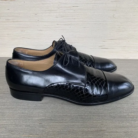 Johnston &amp; Murphy Men's 12 Cellini Black Croc Cap Toe Lace Up Oxford Dress Shoes