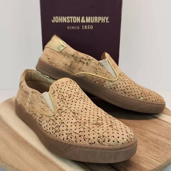 Johnston &amp; Murphy Women's Cork Gold Metallic Slip On Loafer Shoes Size 8