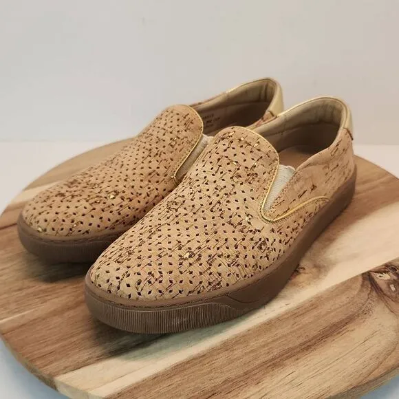 Johnston &amp; Murphy Women's Cork Gold Metallic Slip On Loafer Shoes Size 8