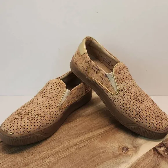 Johnston &amp; Murphy Women's Cork Gold Metallic Slip On Loafer Shoes Size 8