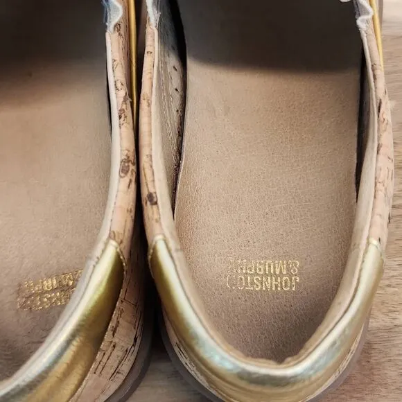 Johnston &amp; Murphy Women's Cork Gold Metallic Slip On Loafer Shoes Size 8