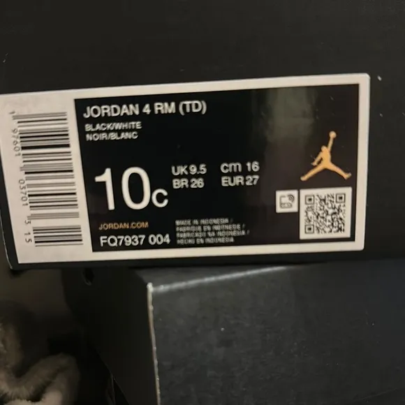 Jordan 4 RM (TD) Black and White Sneakers Sz 10 Unisex