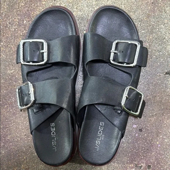 J/Slides Black Leather platform Sandals with Silver Buckles