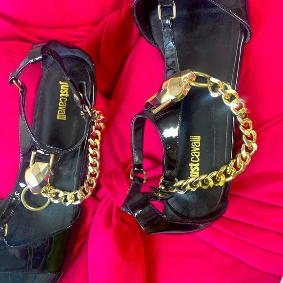 Just Cavalli, Gold snake &amp; chain patent sandals, Roberto cavalli