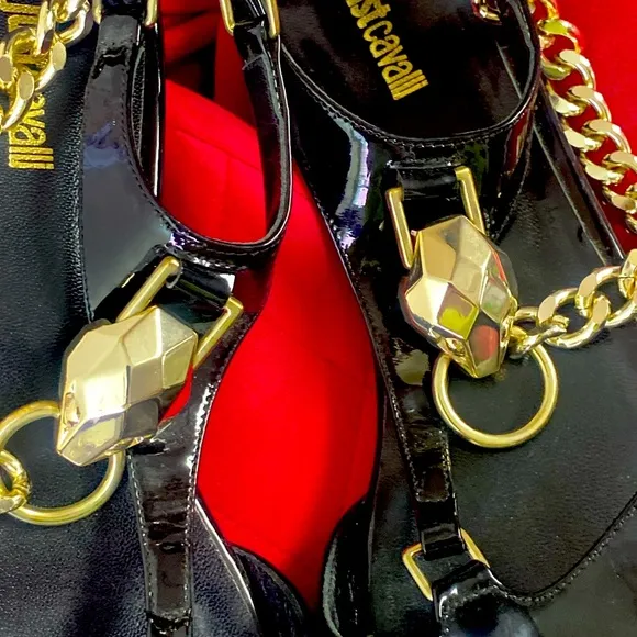 Just Cavalli, Gold snake &amp; chain patent sandals, Roberto cavalli