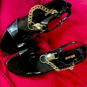 Just Cavalli, Gold snake &amp; chain patent sandals, Roberto cavalli