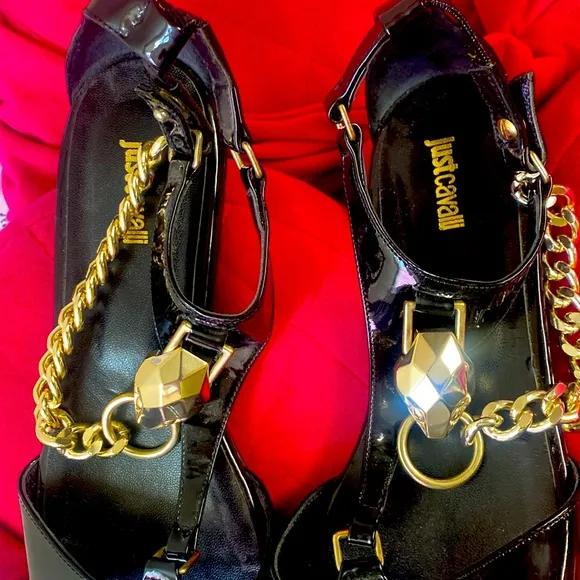 Just Cavalli, Gold snake &amp; chain patent sandals, Roberto cavalli