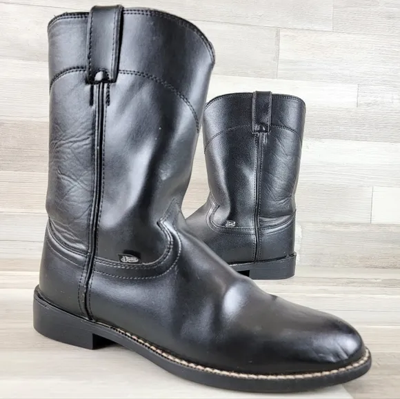 Justin Basics Black Cowboy Leather Roper Boot Men's Size 9½D