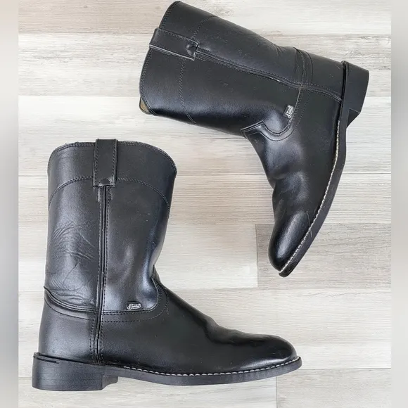 Justin Basics Black Cowboy Leather Roper Boot Men's Size 9½D