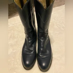 Justin Western navy blue cowboy leather boots, style 3057, sz 6 1/2 B, vintage
