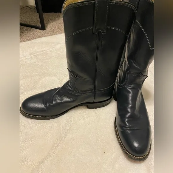 Justin Western navy blue cowboy leather boots, style 3057, sz 6 1/2 B, vintage