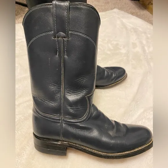 Justin Western navy blue cowboy leather boots, style 3057, sz 6 1/2 B, vintage