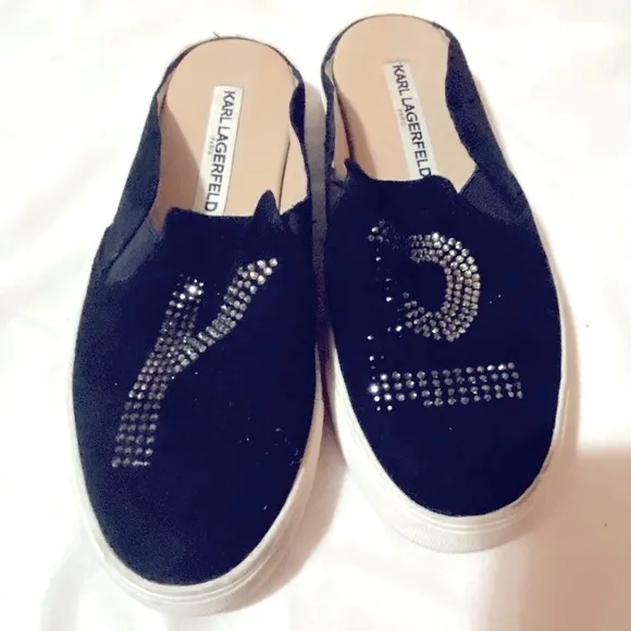 Karl Lagerfeld Black Slip-On Slides Shoes Rhinestones