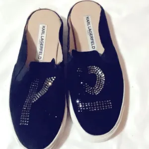 Karl Lagerfeld Black Slip-On Slides Shoes Rhinestones