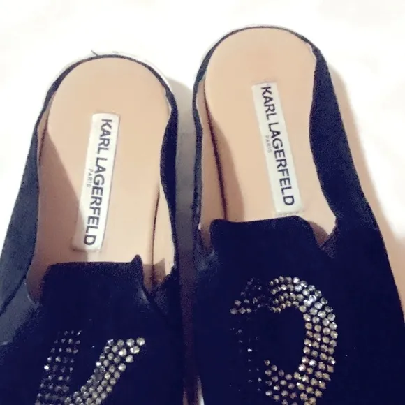 Karl Lagerfeld Black Slip-On Slides Shoes Rhinestones