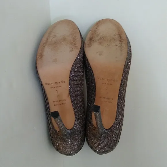 Kate Spade gold silver glitter peep toe stiletto heels 7