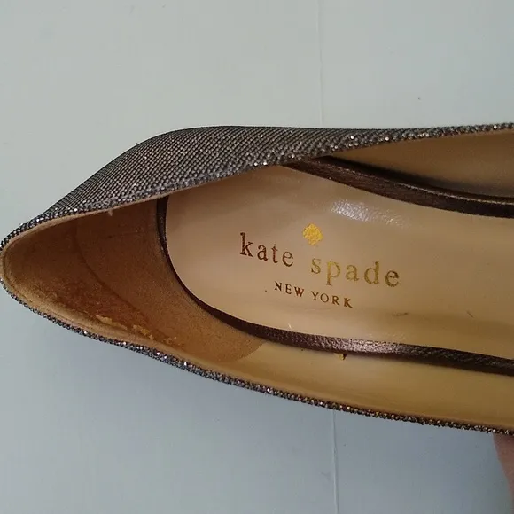 Kate Spade gold silver glitter peep toe stiletto heels 7