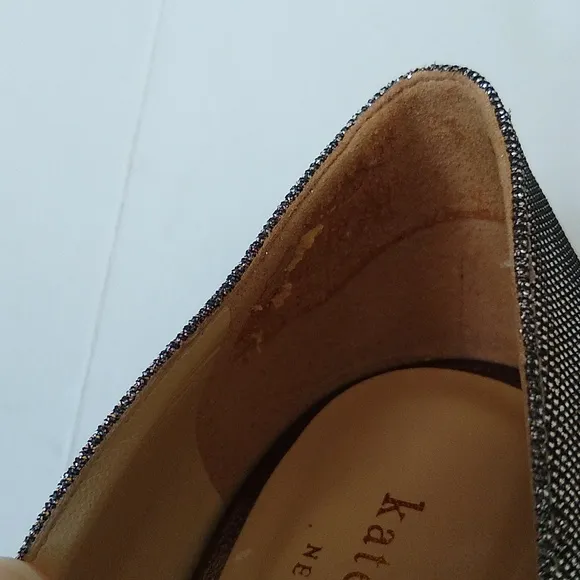 Kate Spade gold silver glitter peep toe stiletto heels 7