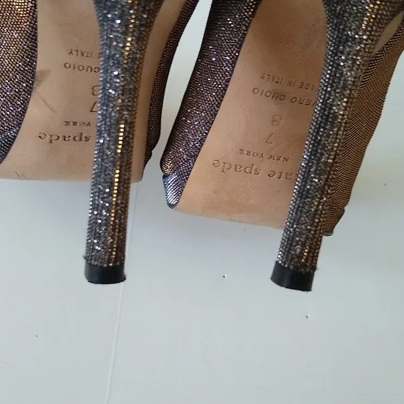 Kate Spade gold silver glitter peep toe stiletto heels 7
