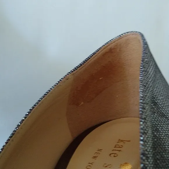 Kate Spade gold silver glitter peep toe stiletto heels 7