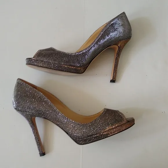 Kate Spade gold silver glitter peep toe stiletto heels 7