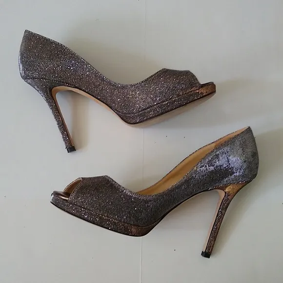 Kate Spade gold silver glitter peep toe stiletto heels 7