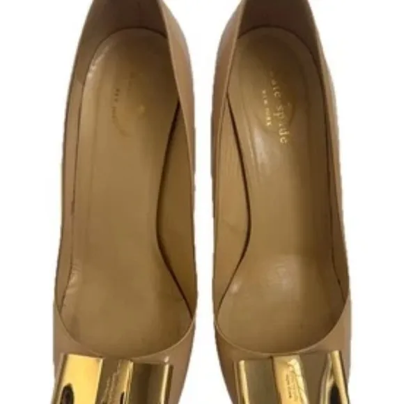 Kate Spade Heels Shoes 9 B Patent Leather Tan Beige with Bow