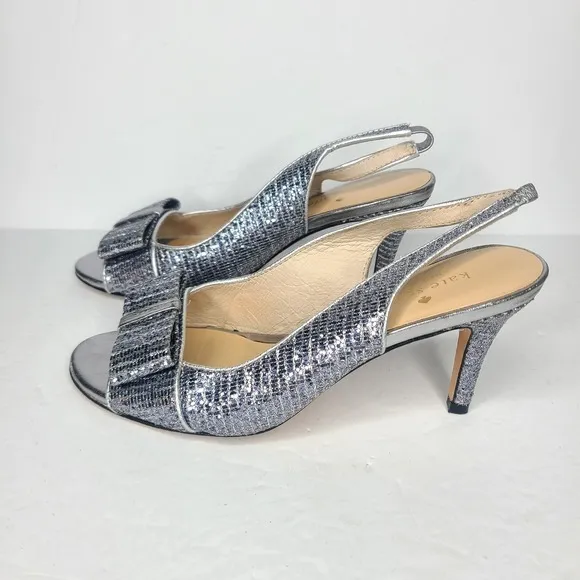 Kate Spade New York Silver Metallic Slingback Peeptoe Bowtie Heels Size 6