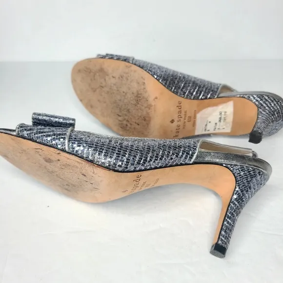 Kate Spade New York Silver Metallic Slingback Peeptoe Bowtie Heels Size 6