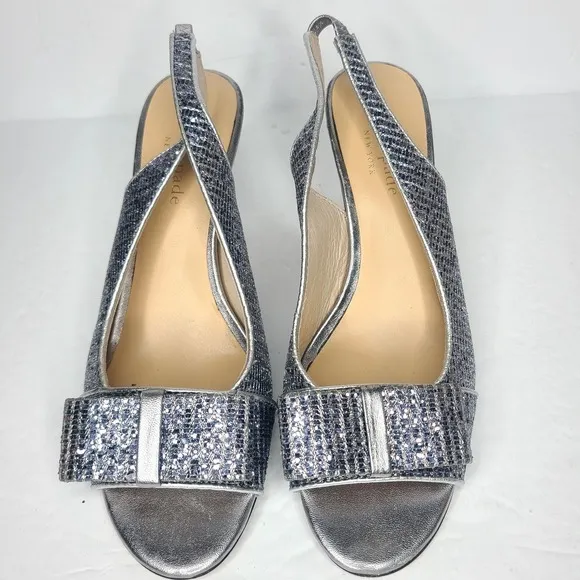 Kate Spade New York Silver Metallic Slingback Peeptoe Bowtie Heels Size 6