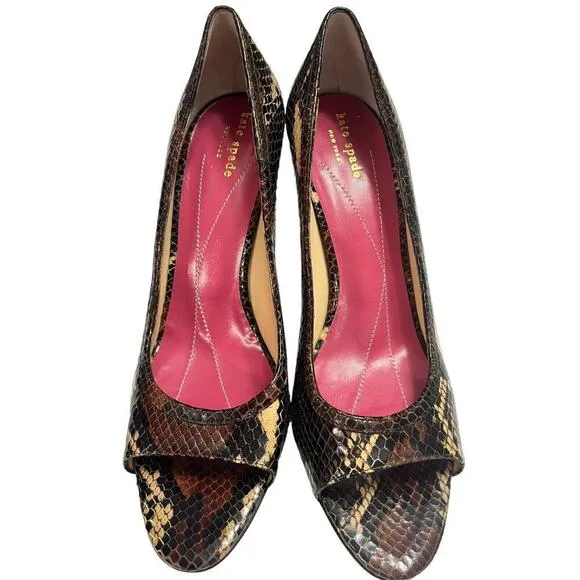 KATE SPADE NY Women's Brown and Beige Heels Snake Leather Shoes Size 9.5 B