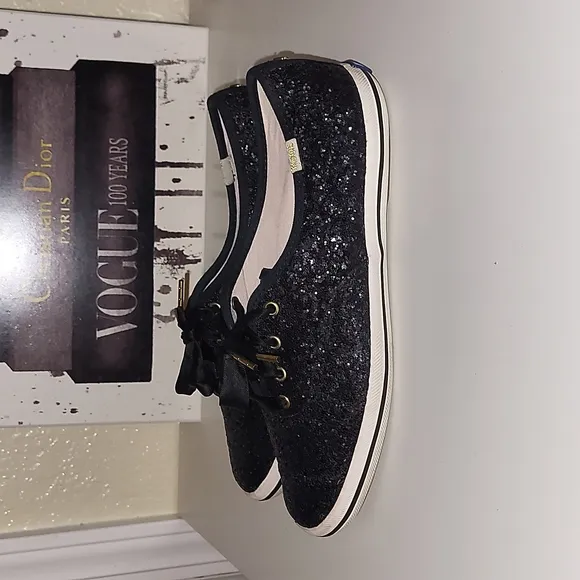 Kate SpadeXKeds black glitter sneakers with satin shoe laces only, s…