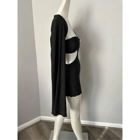 KHANUMS Knur Pearl Trim Mini Dress in Black Size S $378