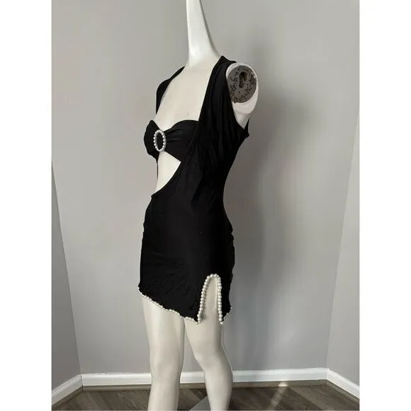 KHANUMS Knur Pearl Trim Mini Dress in Black Size S $378