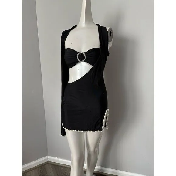 KHANUMS Knur Pearl Trim Mini Dress in Black Size S $378
