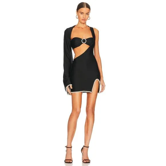 KHANUMS Knur Pearl Trim Mini Dress in Black Size S $378