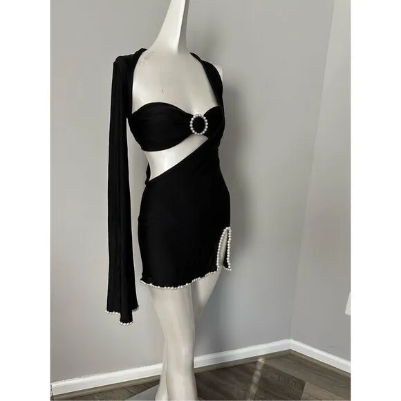 KHANUMS Knur Pearl Trim Mini Dress in Black Size S $378
