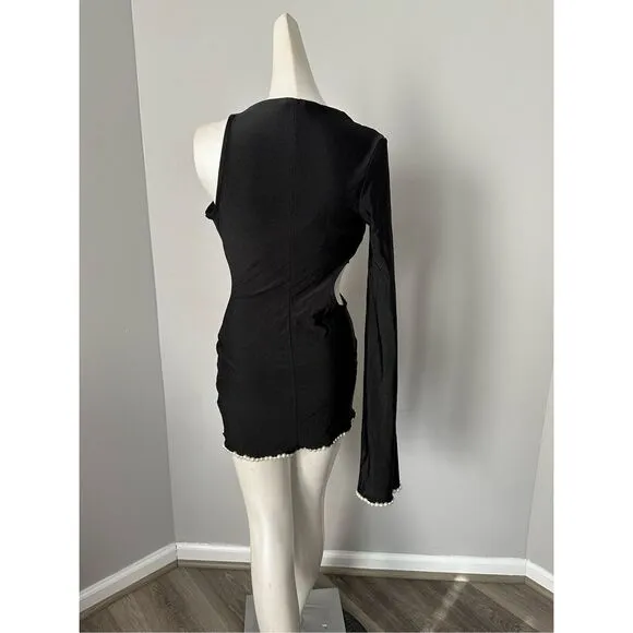 KHANUMS Knur Pearl Trim Mini Dress in Black Size S $378