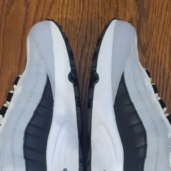 Kids unisex Nike Air sneakers, worn about 3xs, black, white, grey, blue, neon