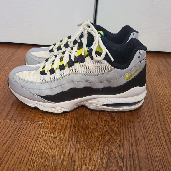 Kids unisex Nike Air sneakers, worn about 3xs, black, white, grey, blue, neon