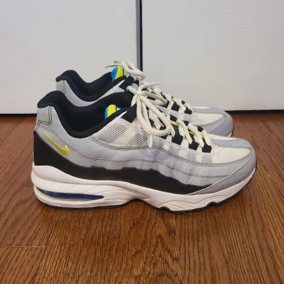 Kids unisex Nike Air sneakers, worn about 3xs, black, white, grey, blue, neon