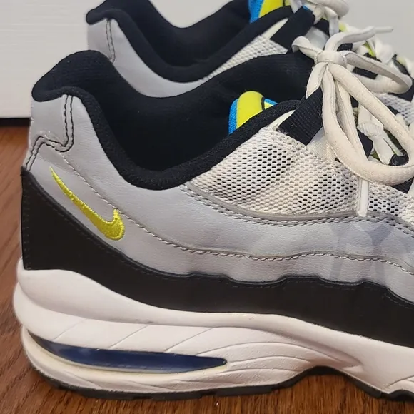 Kids unisex Nike Air sneakers, worn about 3xs, black, white, grey, blue, neon