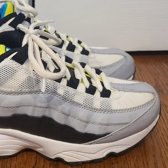 Kids unisex Nike Air sneakers, worn about 3xs, black, white, grey, blue, neon