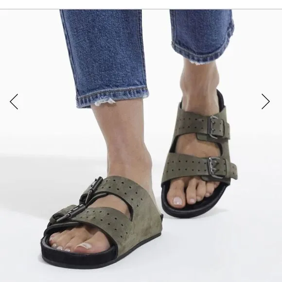 Kooples suede leather khaki slide sandal NIB Size 40