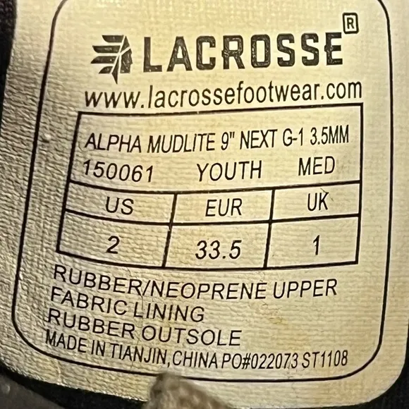 Lacrosse kids alpha mudlite camo muck rain boots size 2