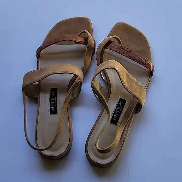 Lafayette 148 New York SELENE Tan Suede/Reptile Sandals Sz 7