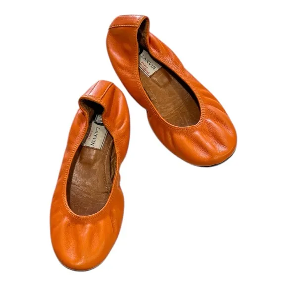 Lanvin Paris Ballet Flats Orange Leather Slip On Sz 36