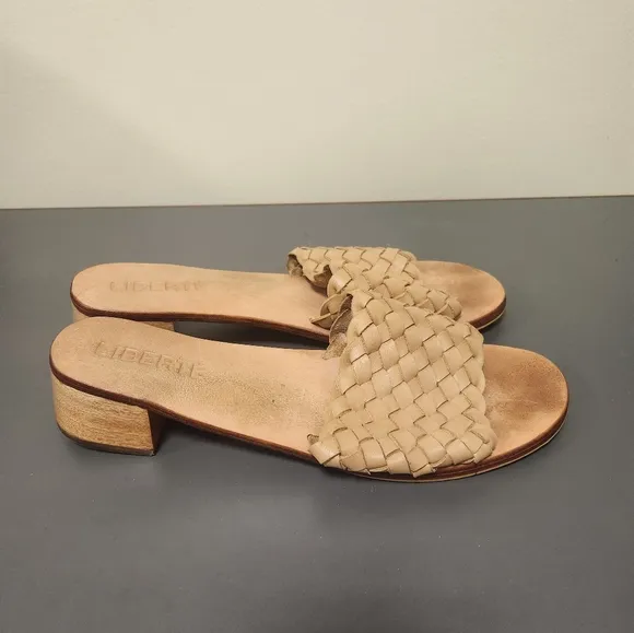 Liberte Santorini Woven leather block heel sandals Tan Cream Sz 11