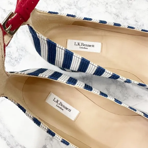 LK Bennett Hadley Blue White Striped Closed Courts Heels